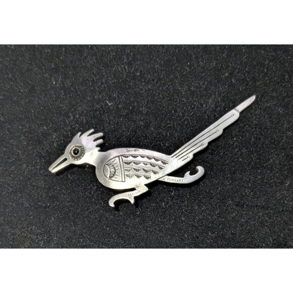 Vintage JJ Native American Roadrunner Brooch Pin Sterling Silver Gemstone Eye - Picture 12 of 13